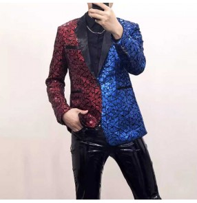 Geometric Red blue sequins jazz dance blazers for men singer host choir stage performance dress suit groomsman nighgtclub gogo dancers coats music production jackets 